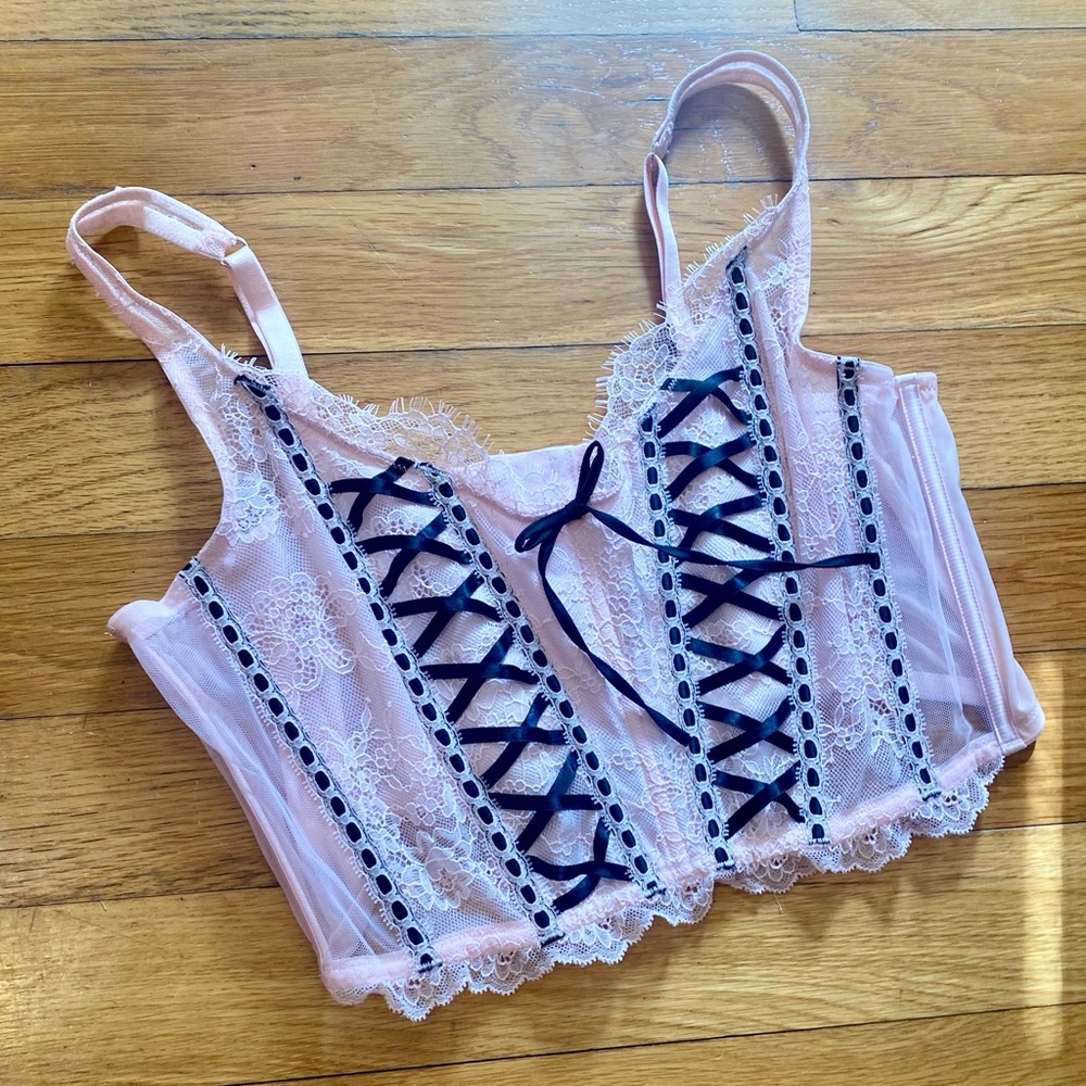 Victoria's Secret Dream Angels Unlined Baby Pink Black Lace Up Corset Bra Top XL